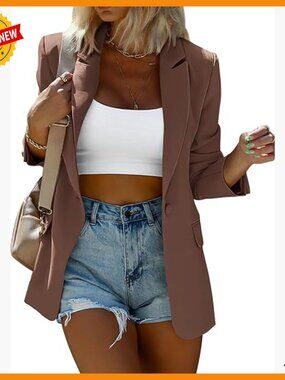 Oversized Blazer with Button Front, Padded Shoulders, Long Sleeve Work Jacket